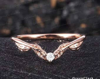 Unique moissanite wedding ring for women Solid 14k rose gold diamond wedding band Nature inspied curved band art deco leaf ring Jewelry gift