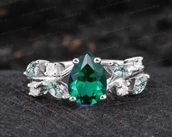 Emerald engagement ring Art deco pear shaped promise ring 14K 18K white gold Vintage Platinum diamond cluster ring Unique Anniversary gifts