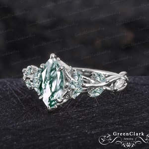 Vintage marquise cut moss agate engagement ring Solid 14K white gold promise ring Nature inspired art deco leaf ring Unique Anniversary gift