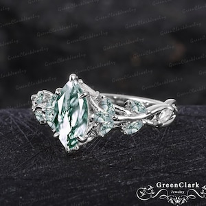 Vintage marquise cut moss agate engagement ring Solid 14K white gold promise ring Nature inspired art deco leaf ring Unique Anniversary gift