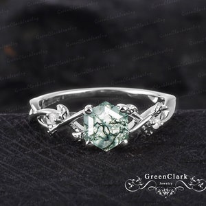 Unique hexagon cut moss agate engagement ring Vintage art deco promise ring for women Nature inspired 14k 18k white gold leaf ring Her gifts