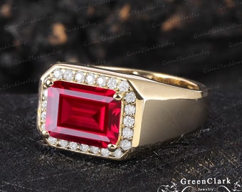 Emerald cut red ruby men&#39;s wedding ring Art deco men&#39;s wedding band Solid 14k gold promise ring for him Halo engagement ring Jewelry gift