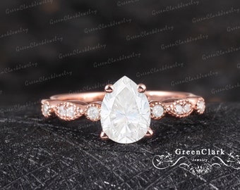 Moissanite engagement ring Art deco pear shaped promise ring 14k 18k solid rose gold Vintage milgrain diamond ring Anniversary gifts