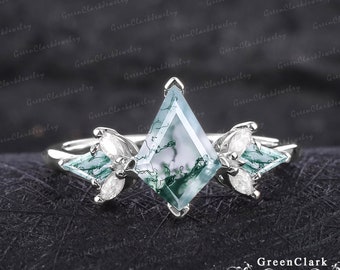 Unique kite cut moss agate engagement ring Vintage art deco promise ring Solid 14K white gold green stone ring Anniversary gifts for women