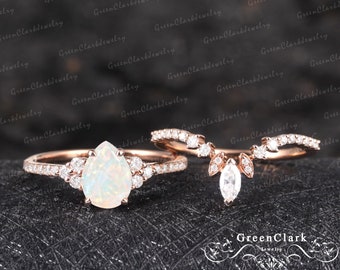 White opal engagement ring sets Art deco pear cut promise ring 14k 18k solid rose gold Vintage diamond bridal sets Unique Anniversary gifts