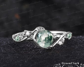 Vintage moss agate engagement ring Art deco solid 14K white gold promise ring Nature inspired moon leaf ring Unique Anniversary gift for her