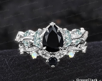 Unique pear cut black onyx engagement ring sets Art deco solid 14K white gold promise ring Nature inspired leaf bridal set Anniversary gifts