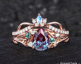 Unique pear cut alexandrite engagement ring sets Art deco leaf promise ring Nature inspired solid 14k rose gold bridal set Anniversary gifts