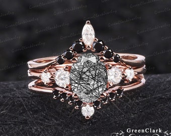 3PCS Unique oval black rutilated quartz engagement ring sets Art deco five stones Promise ring Vintage rose gold bridal sets Jewelry gifts