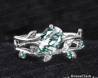 Unique oval cut moss agate engagement ring sets Art deco leaf promise ring Nature inspired solid 14K white gold bridal set Anniversary gifts