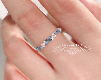 London blue topaz wedding ring solid 14k rose gold wedding band Marquise diamond matching band Unique half eternity band Anniversary gifts