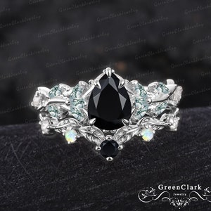 Unique pear cut black onyx engagement ring sets Art deco solid 14K white gold promise ring Nature inspired leaf bridal set Anniversary gifts Bridal set