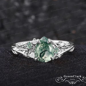 Unique pear shaped moss agate engagement ring Solid 14K white gold promise ring Nature inspired art deco leaf ring Anniversary gifts for her