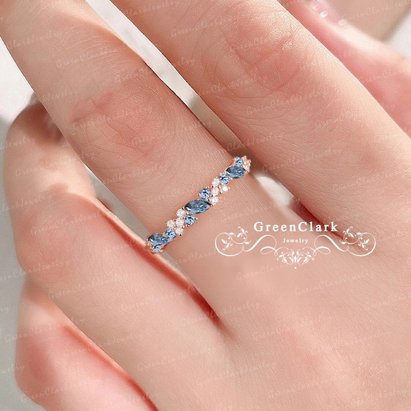 London blue topaz wedding ring solid 14k rose gold wedding band Marquise diamond matching band Unique half eternity band Anniversary gifts