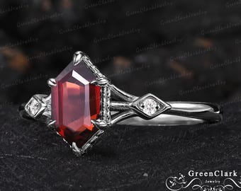 Gothic long hexagon cut red garnet engagement ring Unique 14K black gold promise ring Vintage January birthstone ring Handmade jewelry gift