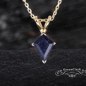 Unique kite blue sandstone necklace Solid gold solitaire pendant Women personalized purple gemstone necklace Handmade jewelry gift for wife
