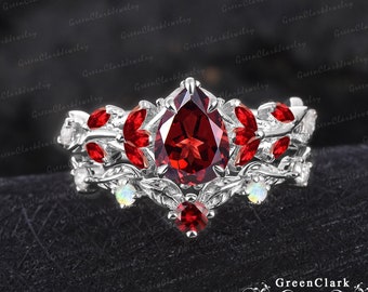 Unique pear shaped red garnet engagement ring sets Art deco leaf promise ring Nature inspired 14k white gold bridal sets Her jewelry gifts