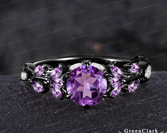 Gothic Amethyst engagement ring Unique solid 14k black gold leaf ring Nature inspired art deco promise ring Handmade jewelry gift for women