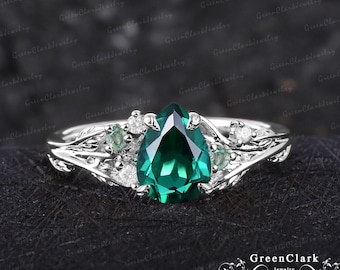 Unique pear shaped emerald engagement ring Art deco solid 14k white gold promise ring Nature inspired green gems leaf ring Anniversary gifts