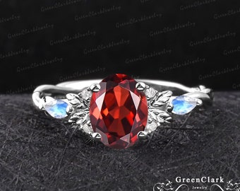 Unique oval cut garnet engagement ring Art deco promise ring Nature inspired solid 14k 18k white gold leaf ring Anniversary gifts for women