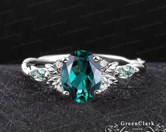 Vintage oval cut emerald engagement ring Art deco leaf promise ring Nature inspired 14k white gold ring Unique Anniversary gifts for women