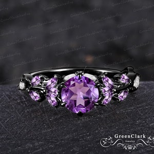 Gothic Amethyst engagement ring Unique solid 14k black gold leaf ring Nature inspired art deco promise ring Handmade jewelry gift for women