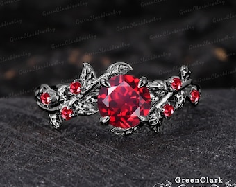 Gothic ruby engagement ring Unique July birthstone black gold promise ring Nature inspired art deco leaf ring for her Handmade jewelry gifts