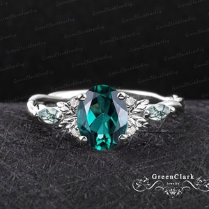 Vintage oval cut emerald engagement ring Art deco leaf promise ring Nature inspired 14k white gold ring Unique Anniversary gifts for women