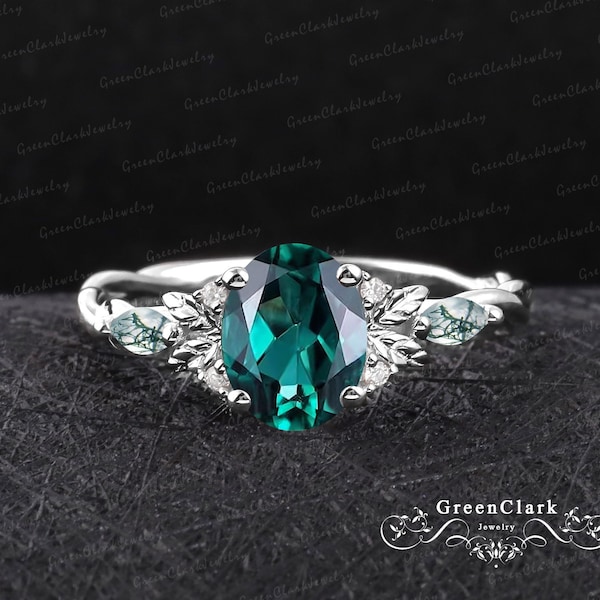 Vintage oval cut emerald engagement ring Art deco leaf promise ring Nature inspired 14k white gold ring Unique Anniversary gifts for women