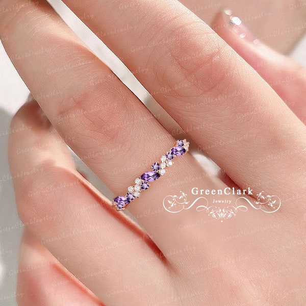Amethyst wedding ring solid 14k rose gold wedding band Marquise diamond matching band Unique moissanite half eternity band Anniversary gifts