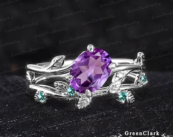 Unique oval cut amethyst engagement ring sets Art deco leaf promise ring Nature inspired solid 14K white gold bridal sets Anniversary gifts