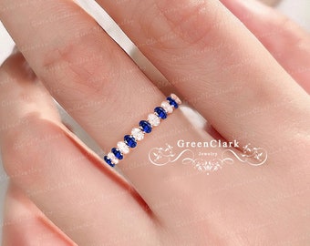 Unique sapphire wedding ring Art deco 14k white gold wedding band Vintage oval blue gemstone half eternity band Anniversary gifts for women