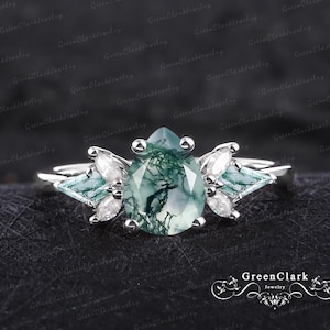 Unique pear shaped moss agate engagement ring Art deco platinum promise ring White gold green stone ring Handmade jewelry gifts for women