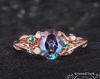 Bague de fiançailles unique en alexandrite de coupe ovale, bague de promesse art déco inspirée de la nature, bague en or rose massif 14 carats, cadeaux d'anniversaire pour femme