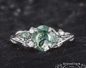 Unique oval cut moss agate engagement ring Solid 14k white gold promise ring Nature inspired art deco leaf ring Anniversary gifts for women