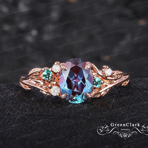 Bague de fiançailles unique en alexandrite de coupe ovale, bague de promesse art déco inspirée de la nature, bague en or rose massif 14 carats, cadeaux d'anniversaire pour femme