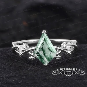 Unique kite cut moss agate engagement ring Vintage art deco promise ring for women Nature inspired 14k white gold leaf ring Anniversary gift