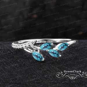 Unique marquise turquoise wedding ring Solid 14k white gold leaf promise ring Vintage blue gemstone wedding band Women handmade jewelry gift