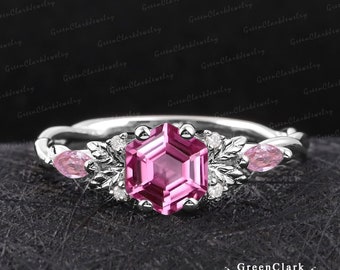 Unique hexagon cut pink sapphire engagement ring Art deco leaf promise ring Nature inspired 14k white gold ring Unique handmade jewelry gift