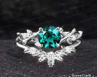 Vintage emerald engagement ring sets Art deco leaf silver promise ring Nature inspired 14K white gold bridal sets Unique Anniversary gifts