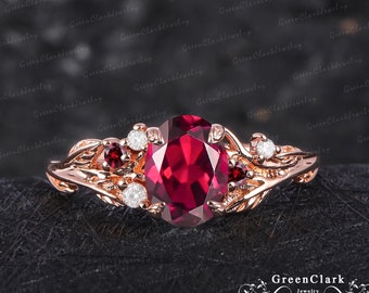 Unique oval cut ruby engagement ring Art deco leaf promise ring Nature inspired solid 14k rose gold red gemstone ring Her anniversary gifts