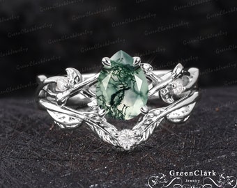 Vintage pear cut moss agate engagement ring sets Art deco leaf promise ring Nature inspired white gold bridal sets Unique Anniversary gifts