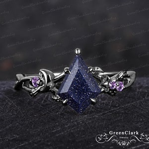 Gothic kite cut blue sandstone engagement ring Unique art deco black gold promise ring Nature inspired moon leaf ring Handmade jewelry gift