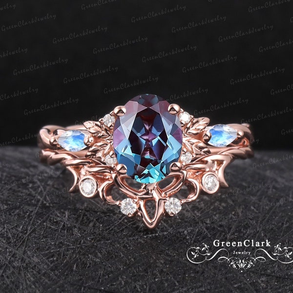 Vintage oval cut alexandrite engagement ring sets Art deco leaf promise ring Nature inspired rose gold bridal sets Unique Anniversary gifts