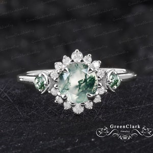 Vintage moss agate engagement ring Art deco promise ring for women Nature inspired solid 14K white gold moon ring Unique Anniversary gifts