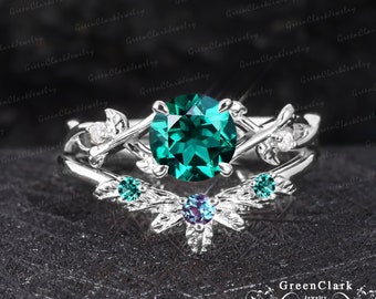 Vintage emerald engagement ring sets Art deco leaf platinum promise ring Nature inspired 14k white gold bridal sets Unique Anniversary gifts
