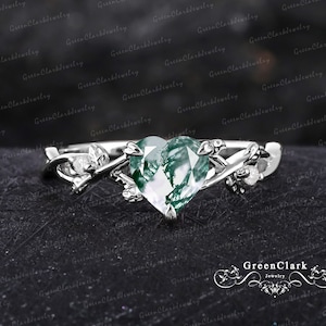 Unique heart cut moss agate engagement ring Solid 14K white gold promise ring Nature inspired art deco leaf ring Anniversary gifts for women