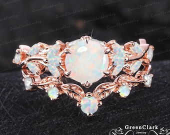 Unique white opal engagement ring set Art deco 14K rose gold leaf promise ring Nature inspired October birthstone bridal set Jewelry gift