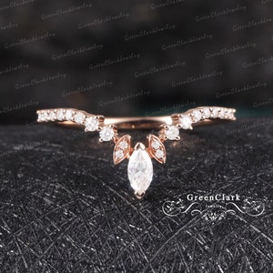 Vintage marquise cut diamond wedding band Rose gold matching band Art deco stacking band Unique wedding bridal ring Anniversary promise ring