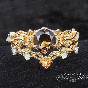 Unique Smoky quartz engagement ring set Art deco leaf promise ring Nature inspired solid 14K gold bridal set Handmade jewelry gift for women